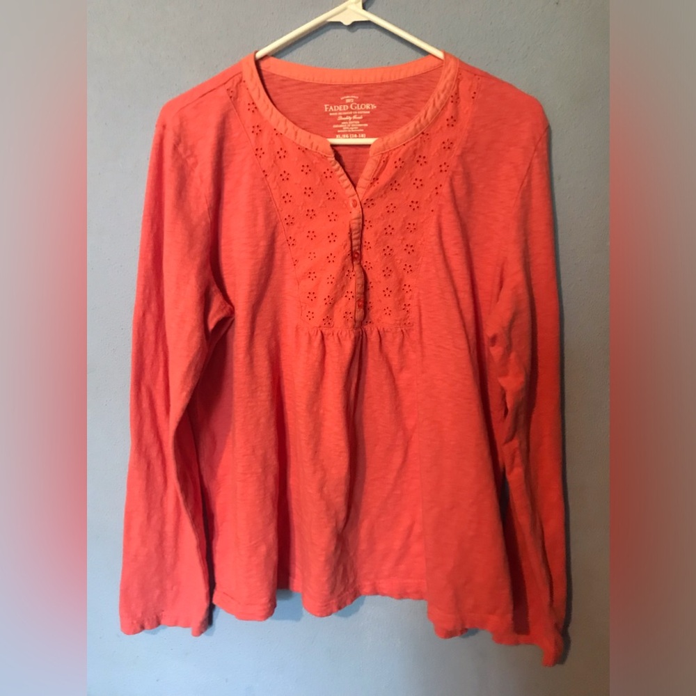 Vintage Faded Glory~Coral~Eyelet Yoke Long Sleeve~Boho Peasant Top Sz XL 16-18